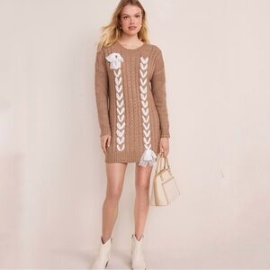 Francesca’s Stella Lace-Up Cable Knit Sweater Dress - Tan NWT